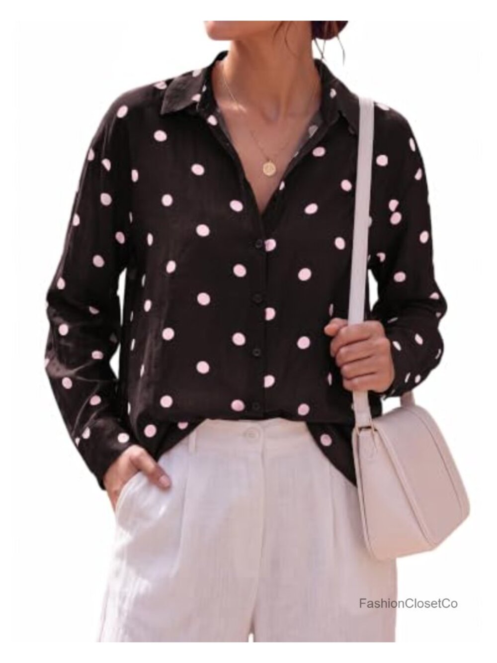 Women's Floral Polka Dot Button Down Blouse V-Neck Long Sleeve